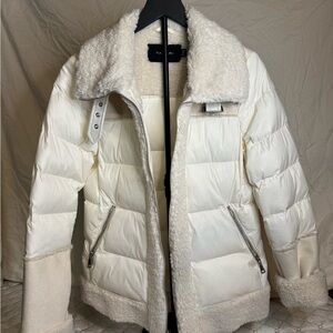 Tahari Cream Puffer Jacket with Shearling Accents